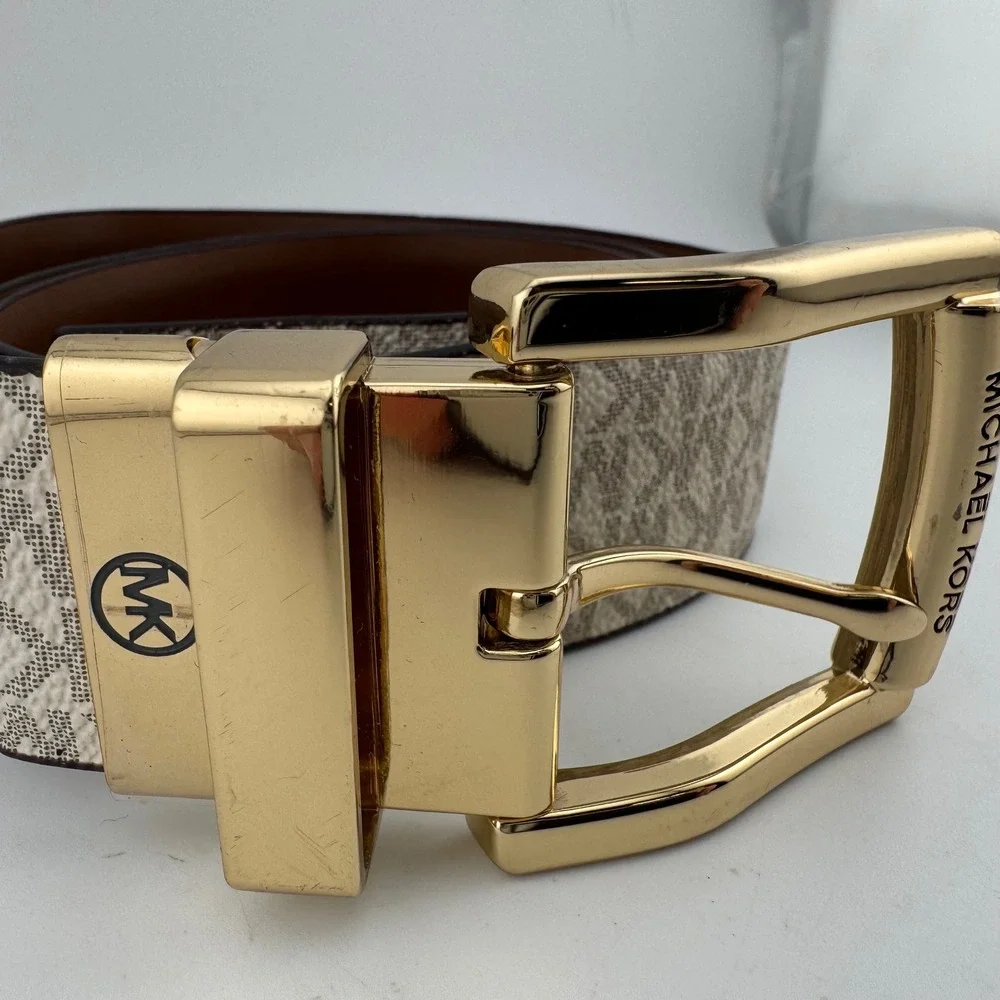 Michael Kors Reversible Belt 37.5' Vanilla Brown Good MK‎ Logo Gold Buckle